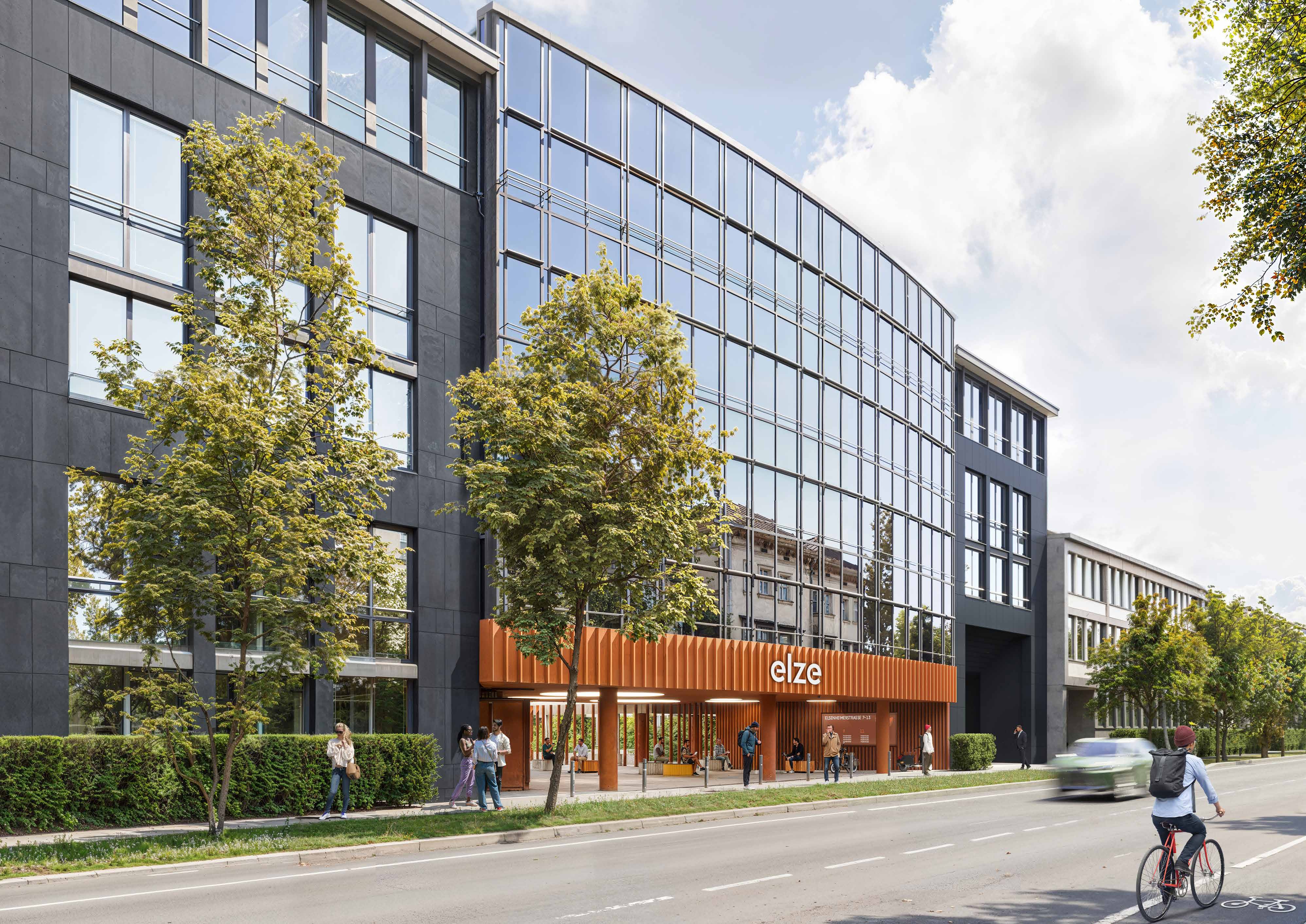 elze – Loft Office Munich, Elsenheimerstraße 7–13, Außenansicht mit Eingangsbereich